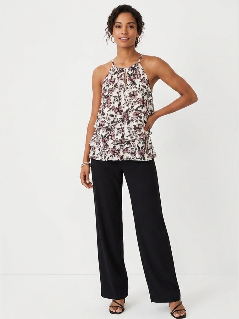 White House Black Market Floral Tiered Layers Tank Sleeveless Blouse Size M WHBM